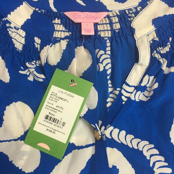 NWT Lilly Pulitzer Womens Elsa Top Schooner Blue Dock Hopper Silk Blouse L - Picture 4 of 7